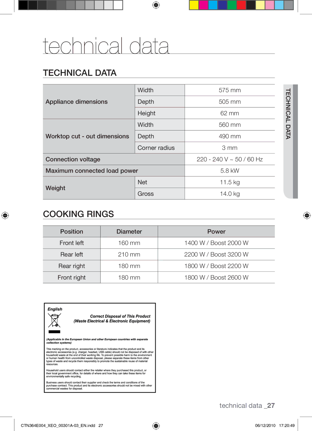 Samsung CTN364E004/XEO manual Technical data, Cooking rings 