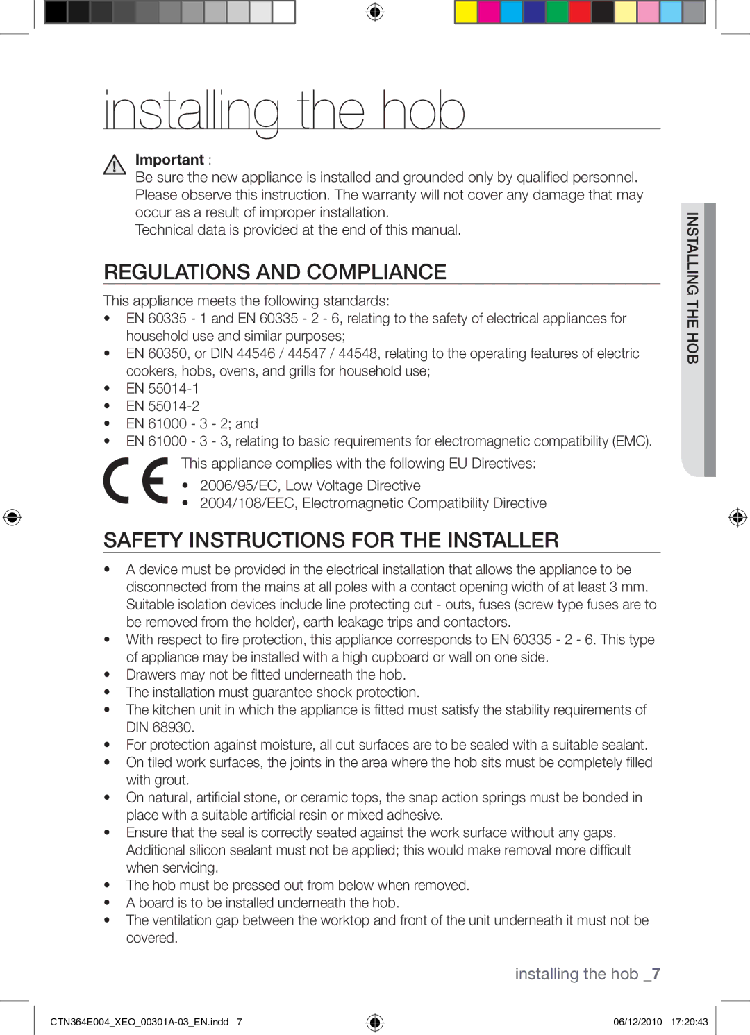 Samsung CTN364E004/XEO manual Installing the hob, Regulations and compliance, Safety instructions for the installer 