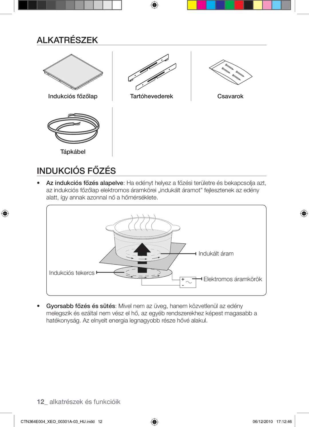 Samsung CTN364E004/XEO manual Alkatrészek, Indukciós főzés 