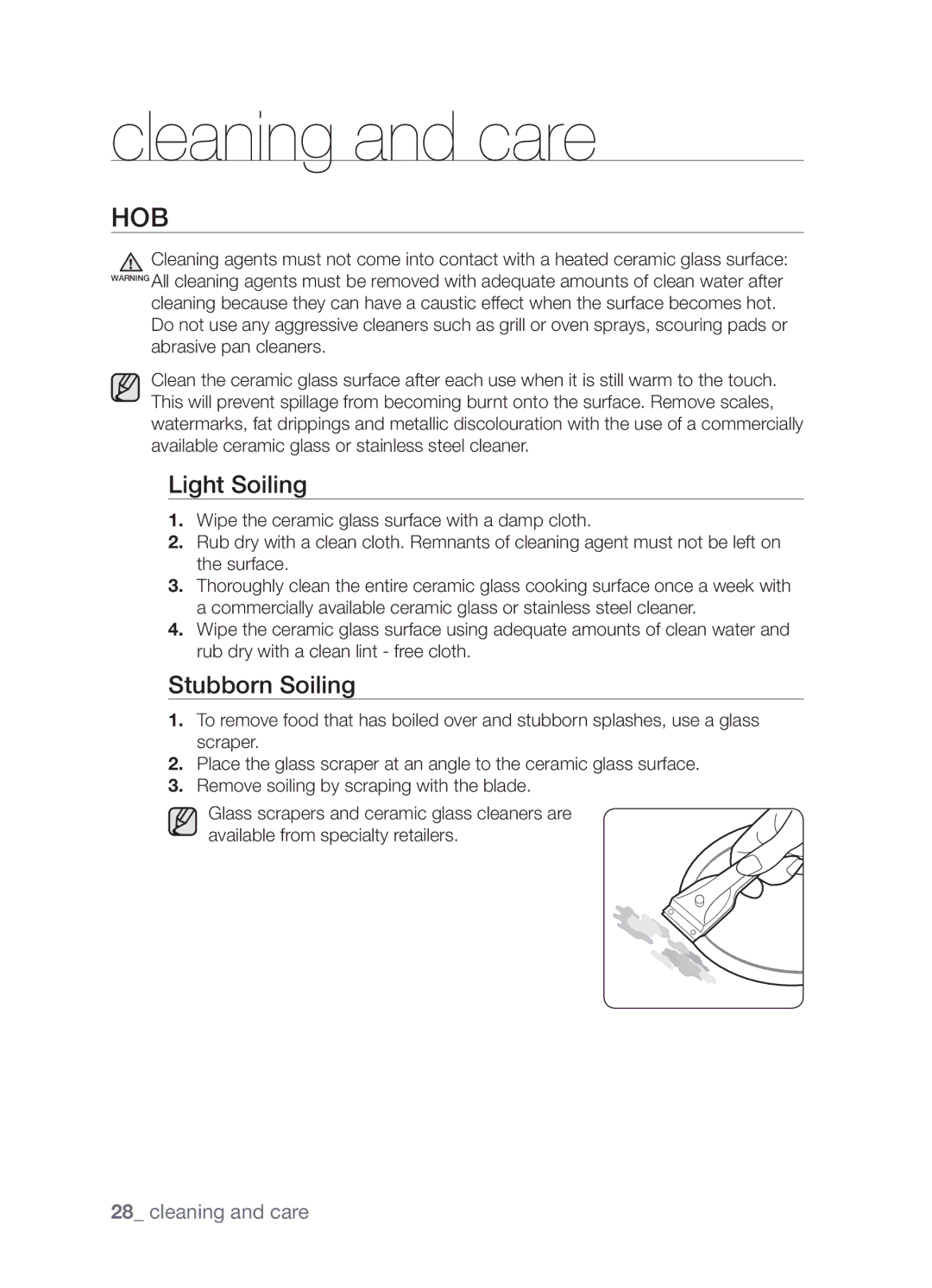 Samsung CTN364EA01/SLI manual Cleaning and care, Hob, Light Soiling, Stubborn Soiling 