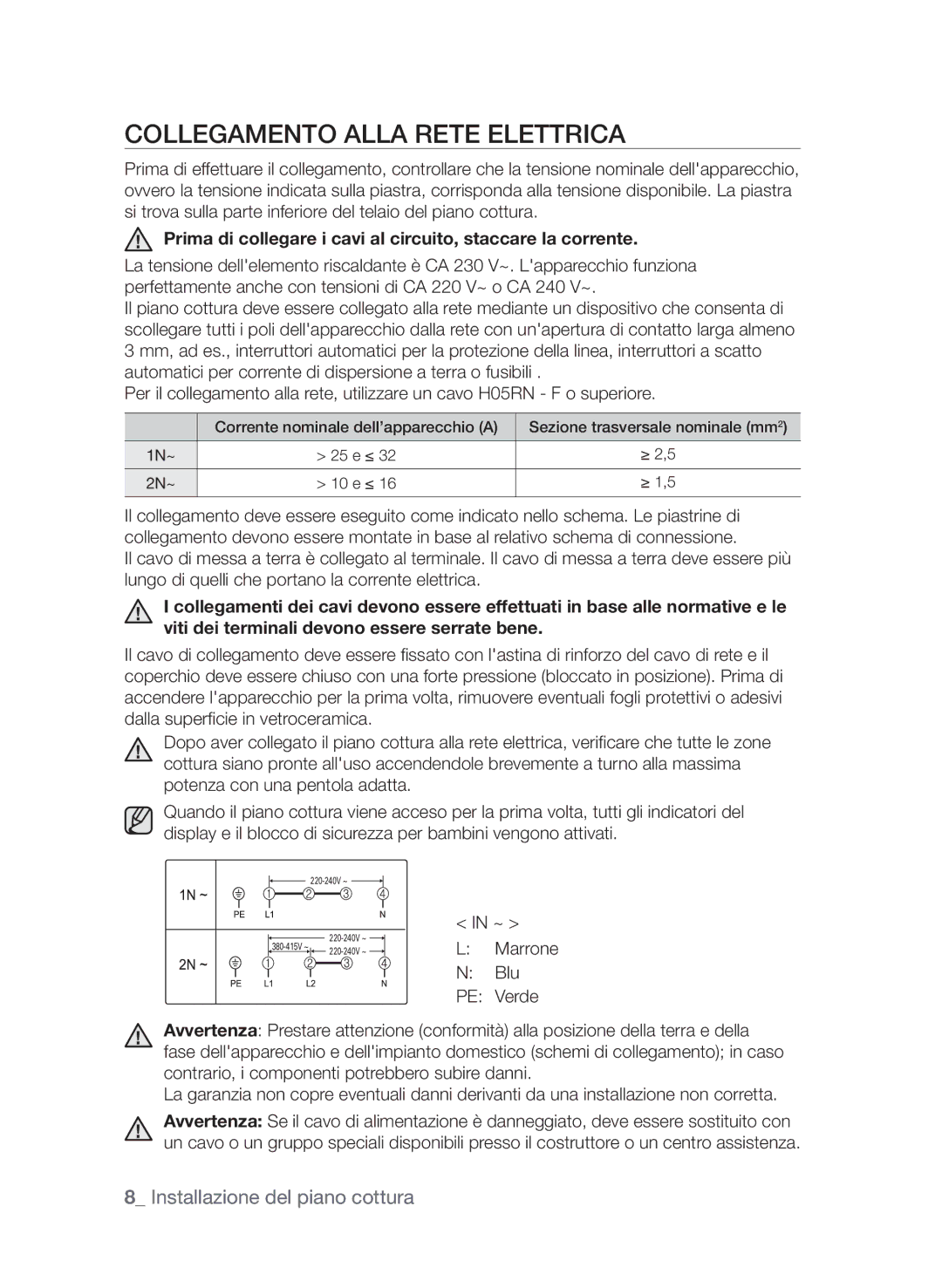 Samsung CTN364N003/XET manual Collegamento alla rete elettrica, Prima di collegare i cavi al circuito, staccare la corrente 