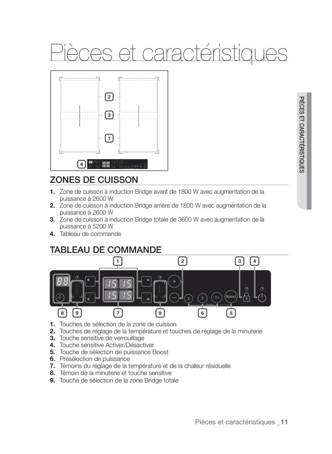 Samsung CTN364N006/XEF manual Zones de cuisson, Tableau de commande 