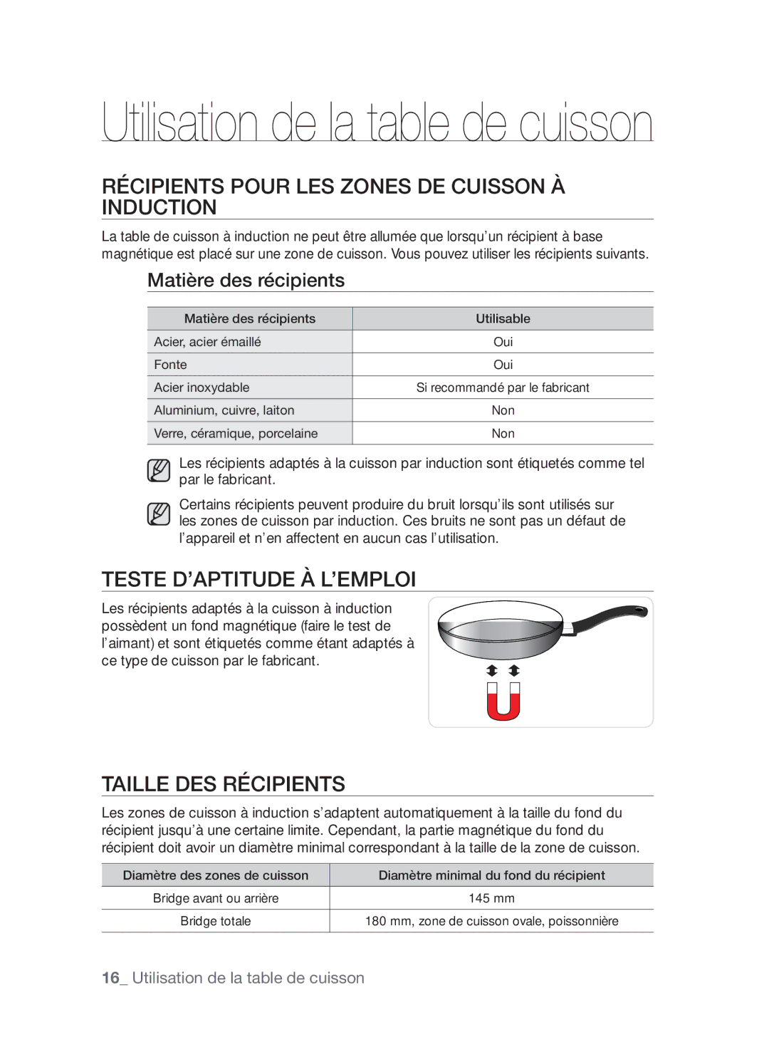 Samsung CTN364N006/XEF manual Récipients pour les zones de cuisson à induction, Teste d’aptitude à l’emploi 