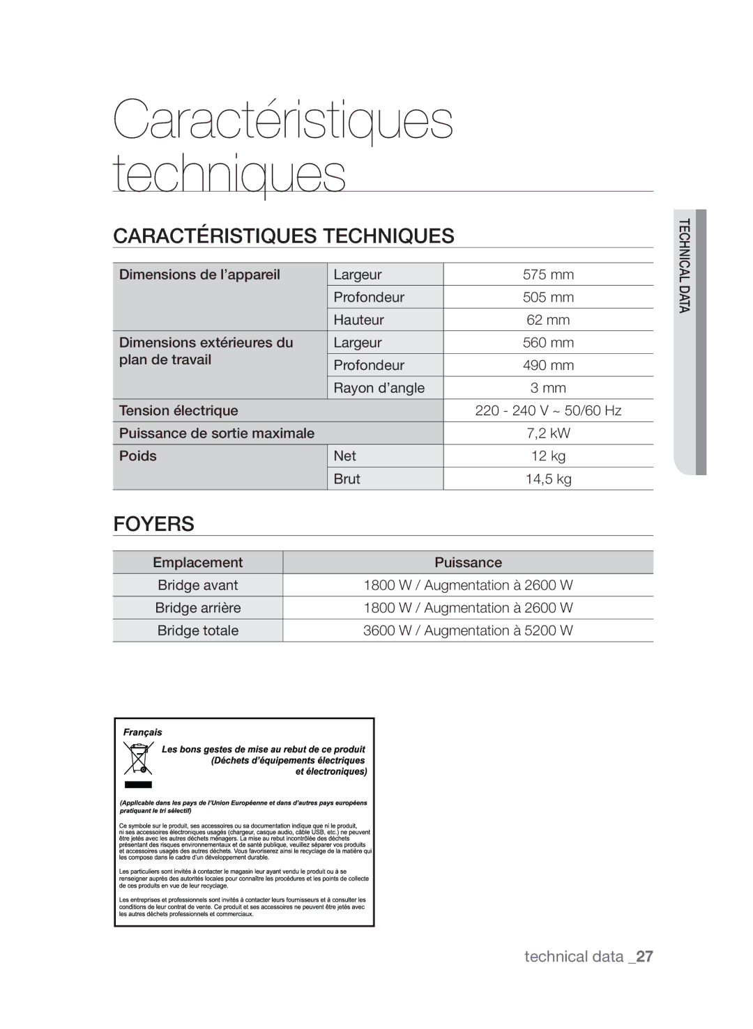 Samsung CTN364N006/XEF manual Caractéristiques techniques, Foyers 