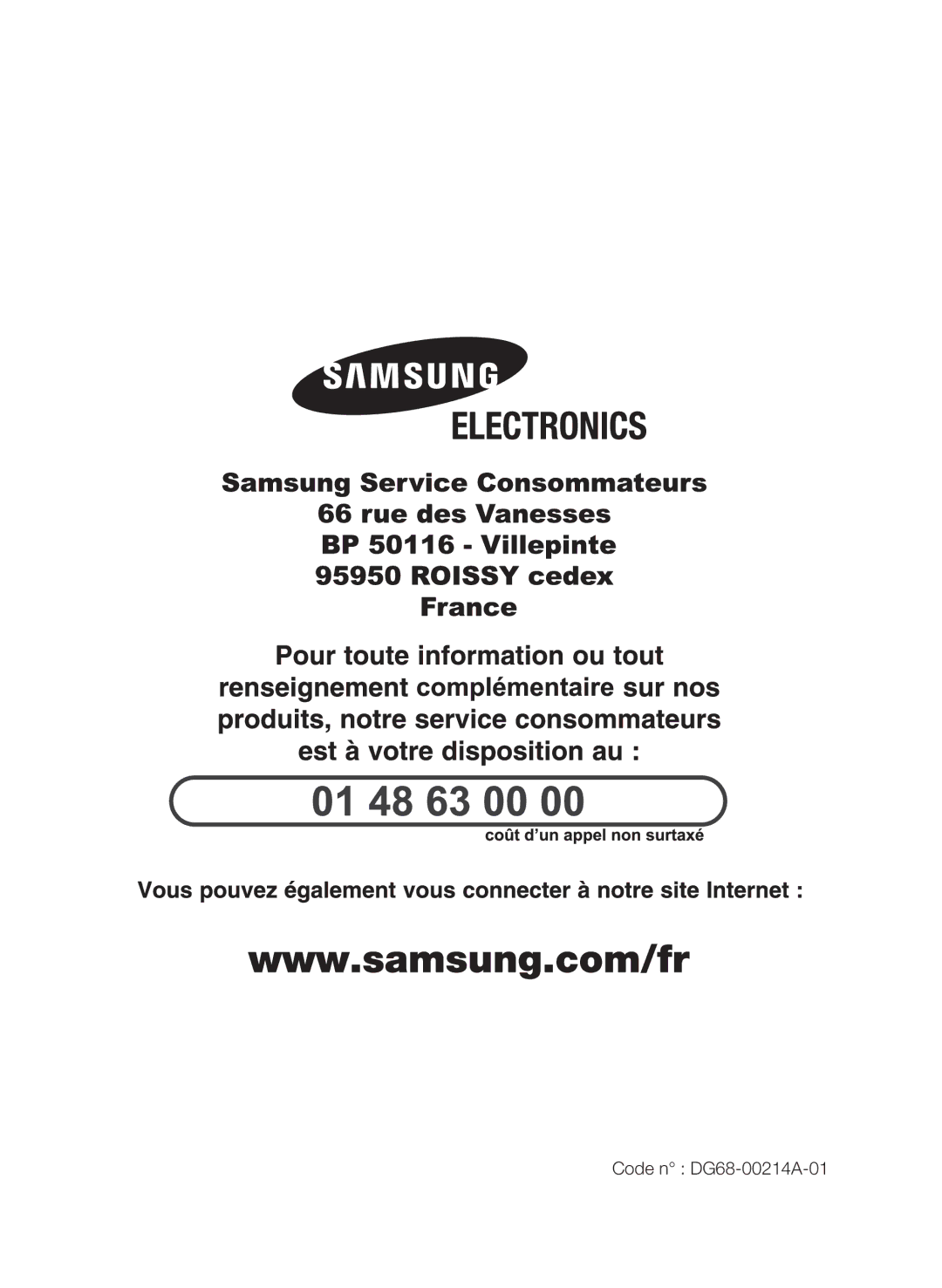 Samsung CTN364N006/XEF manual Code n DG68-00214A-01 