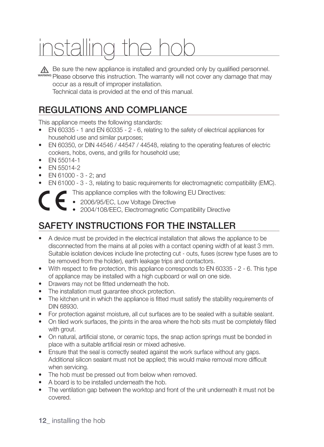 Samsung CTN364NC01/SLI manual Installing the hob, Regulations and compliance, Safety instructions for the installer 