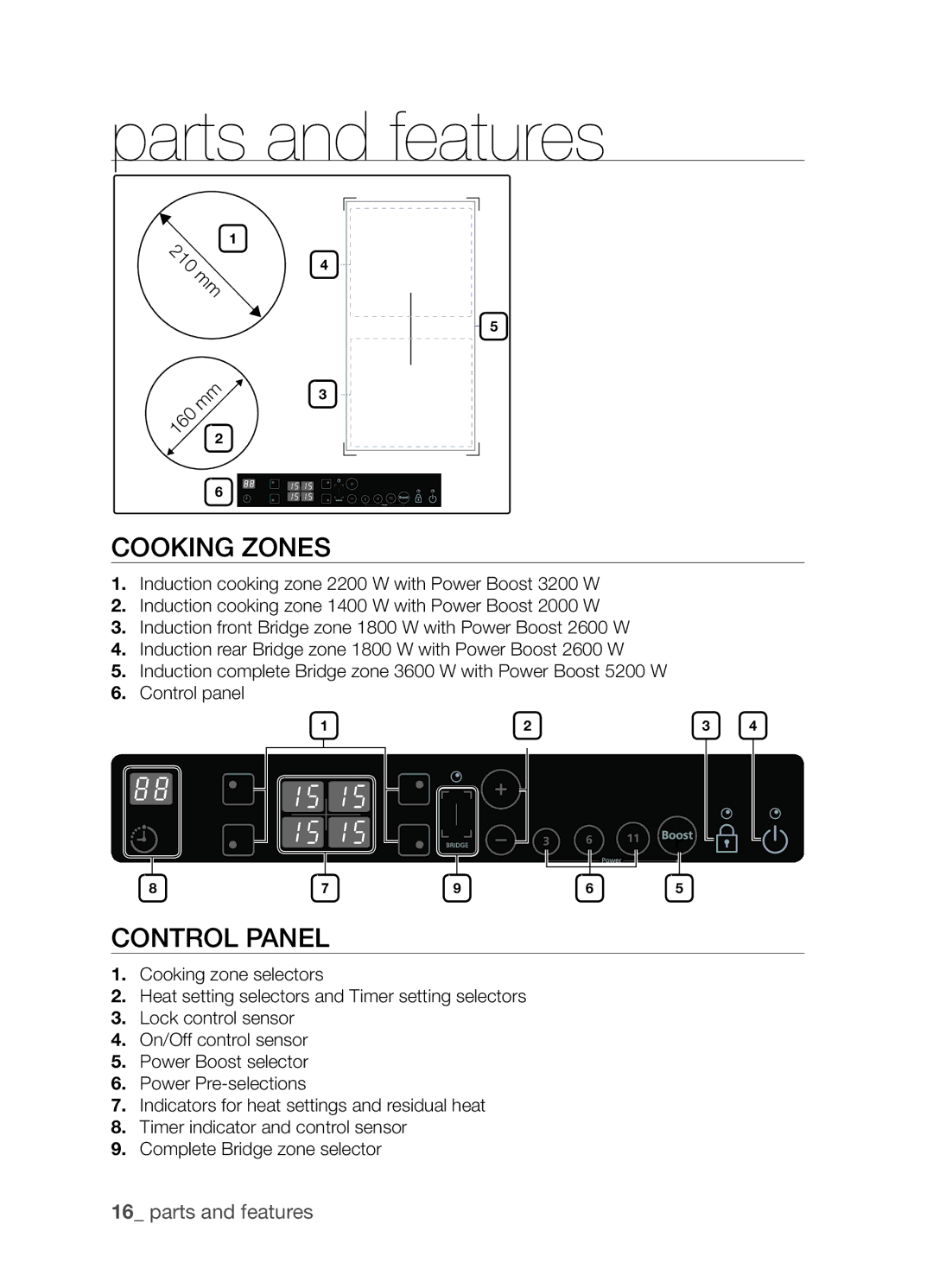 Samsung CTN364NC01/SLI manual Parts and features, Cooking zones, Control panel 