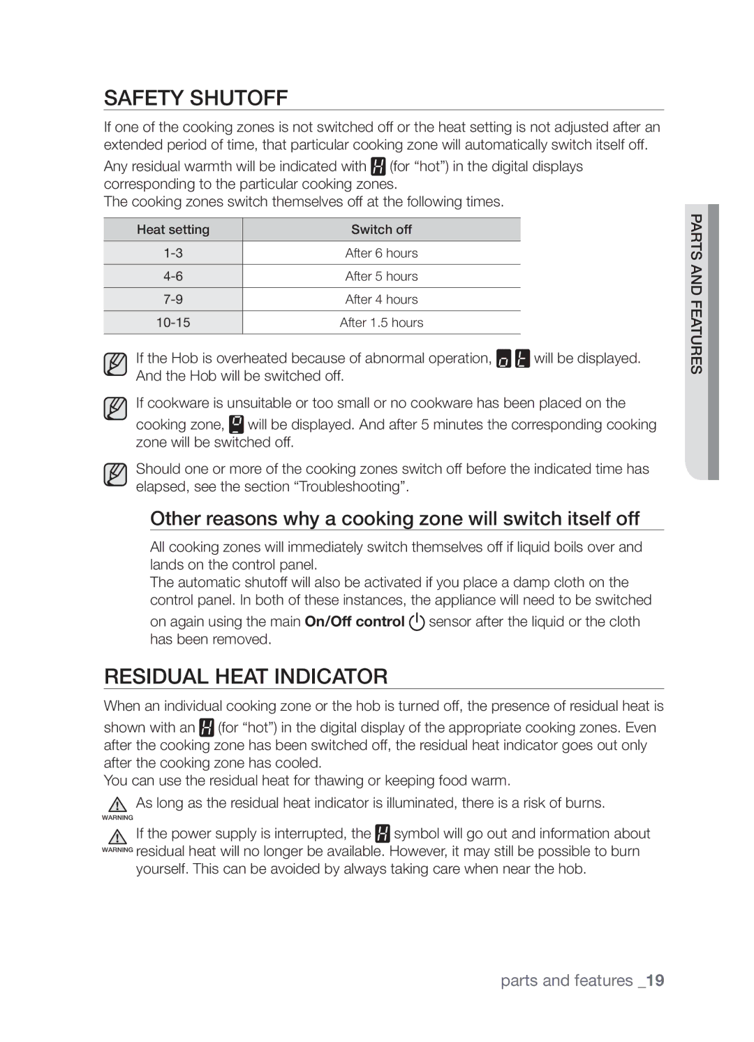 Samsung CTN364NC01/SLI Safety shutoff, Residual heat indicator, Other reasons why a cooking zone will switch itself off 