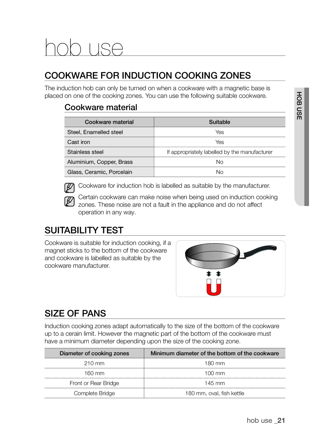 Samsung CTN364NC01/SLI Hob use, Cookware for induction cooking zones, Suitability test, Size of pans, Cookware material 