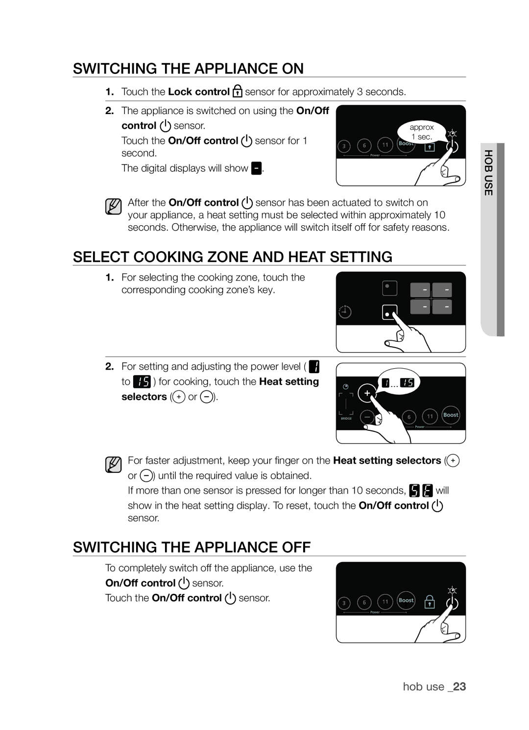 Samsung CTN364NC01/SLI manual Switching the appliance on, Select cooking zone and heat setting, Switching the appliance off 