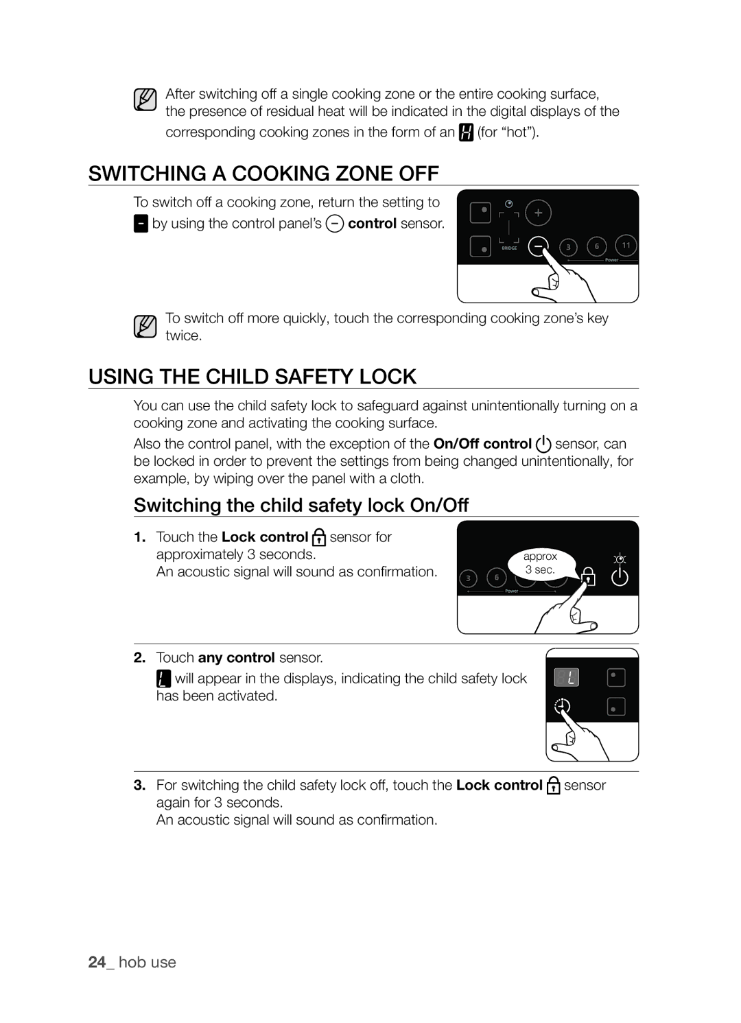 Samsung CTN364NC01/SLI Switching a cooking zone off, Using the child safety lock, Switching the child safety lock On/Off 