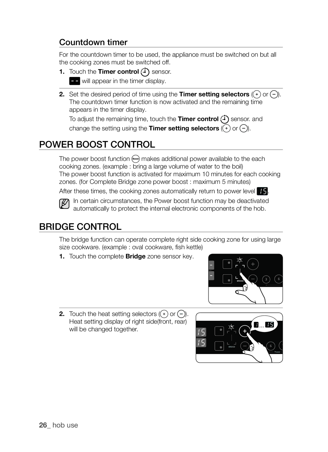 Samsung CTN364NC01/SLI manual Power boost control, Bridge control, Countdown timer 