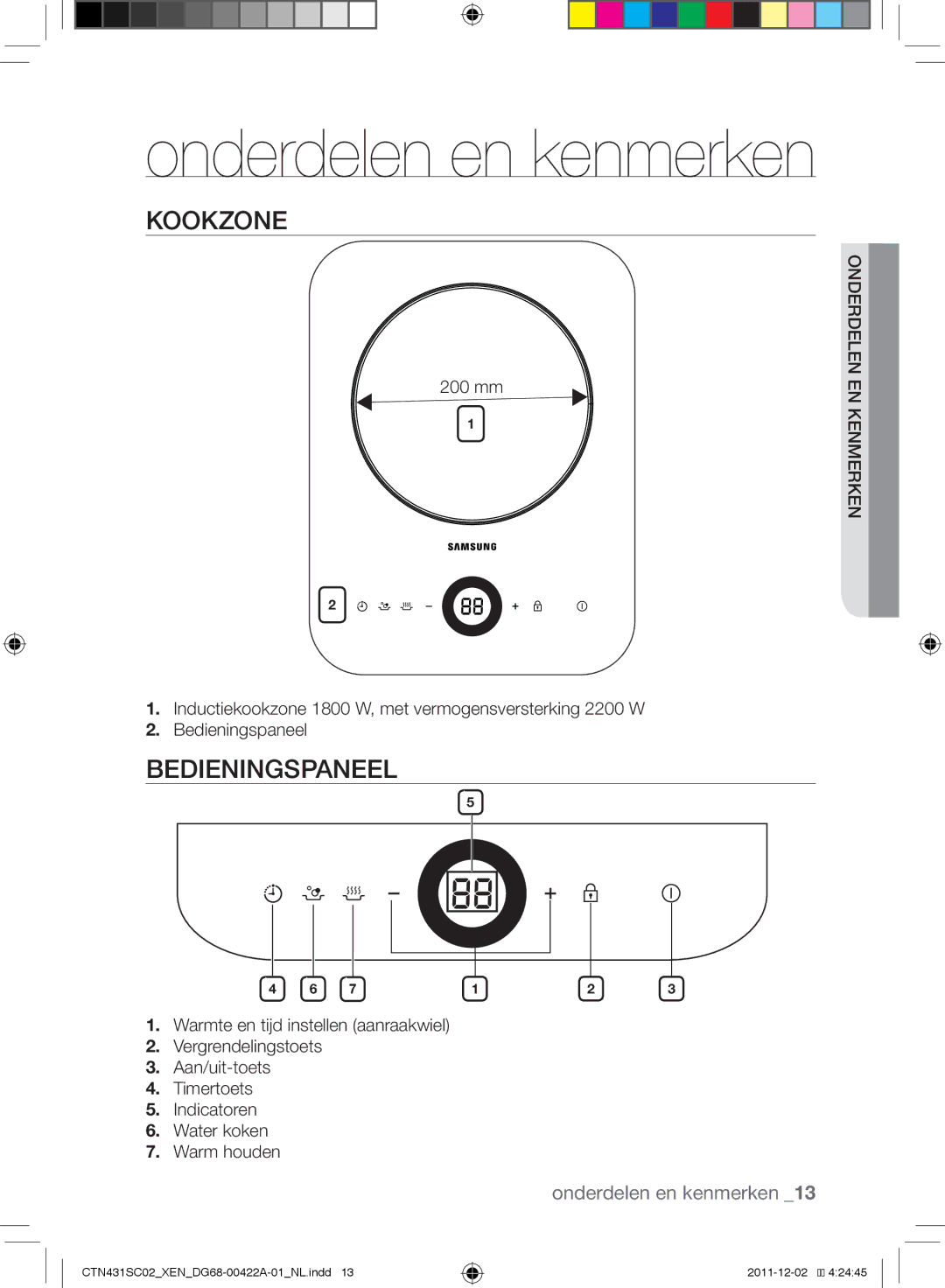 Samsung CTN431SC0R/XET, CTN431SC0B/XEN, CTN431SC0S/XEF, CTN431SC0R/XEF, CTN431SC0S/XET manual Kookzone, Bedieningspaneel 