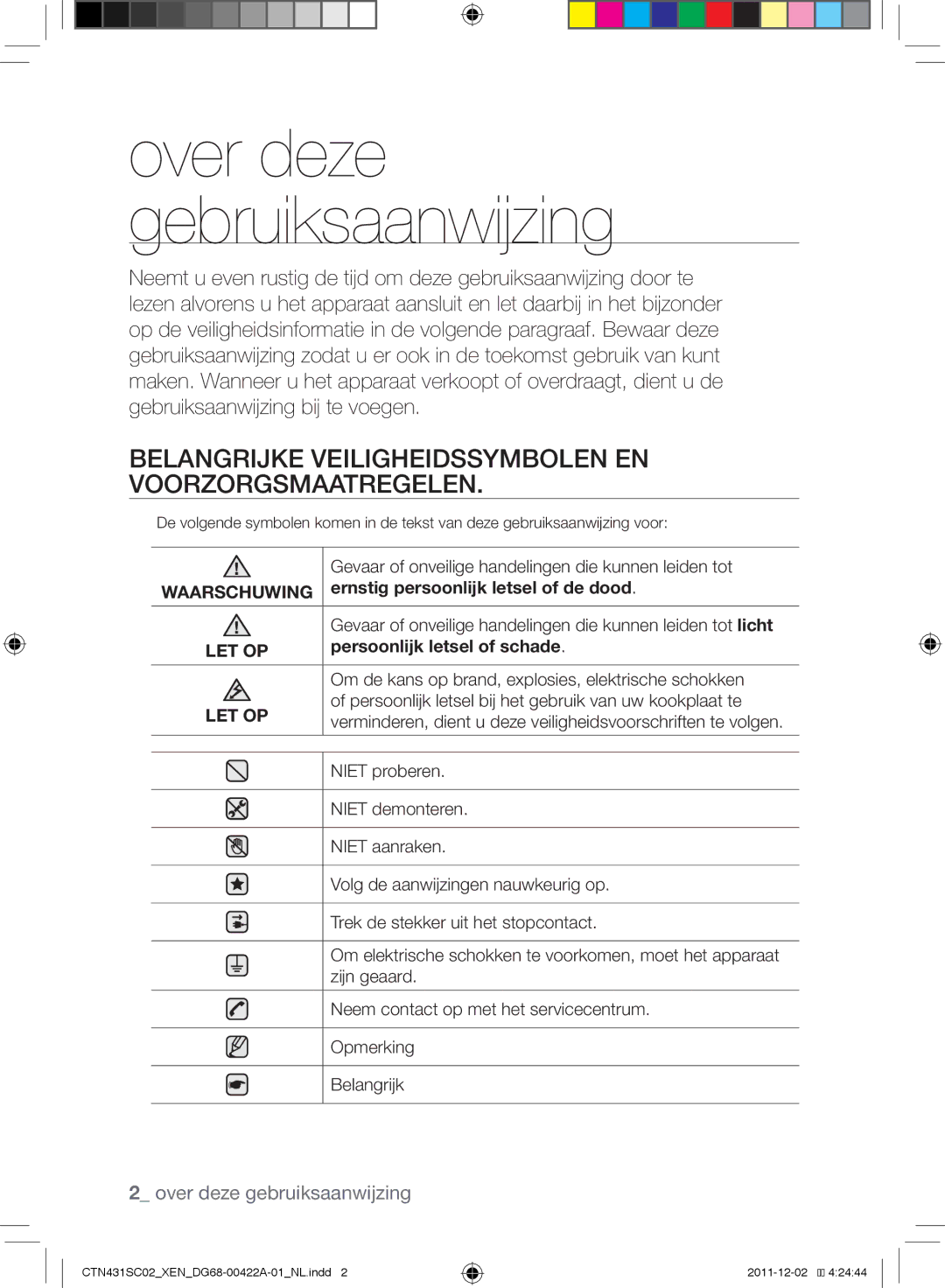 Samsung CTN431SC0R/XEF, CTN431SC0B/XEN, CTN431SC0S/XEF manual Belangrijke veiligheidssymbolen en voorzorgsmaatregelen 