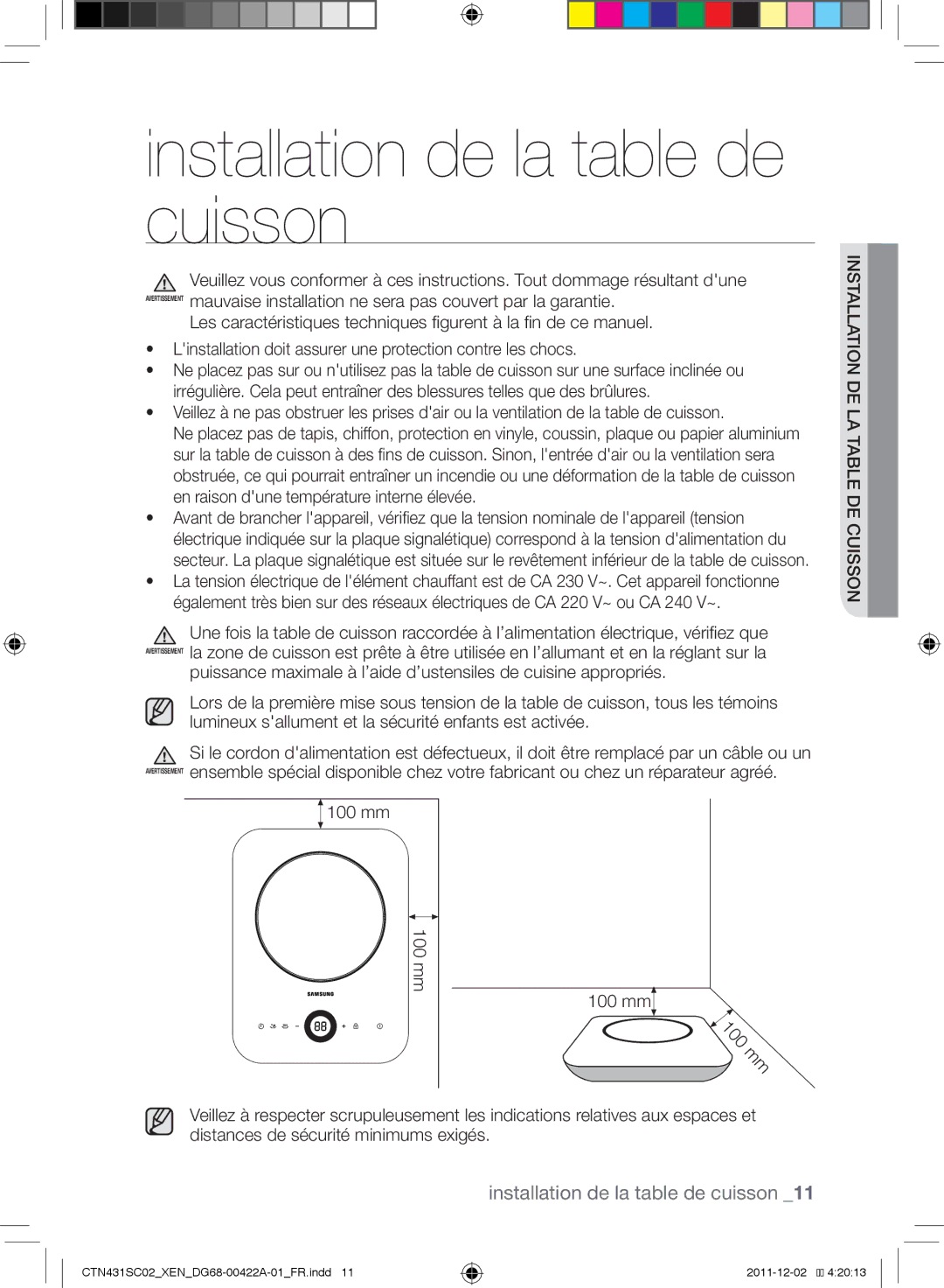 Samsung CTN431SC0R/XET, CTN431SC0B/XEN, CTN431SC0S/XEF, CTN431SC0R/XEF, CTN431SC0S/XET Installation de la table de cuisson 