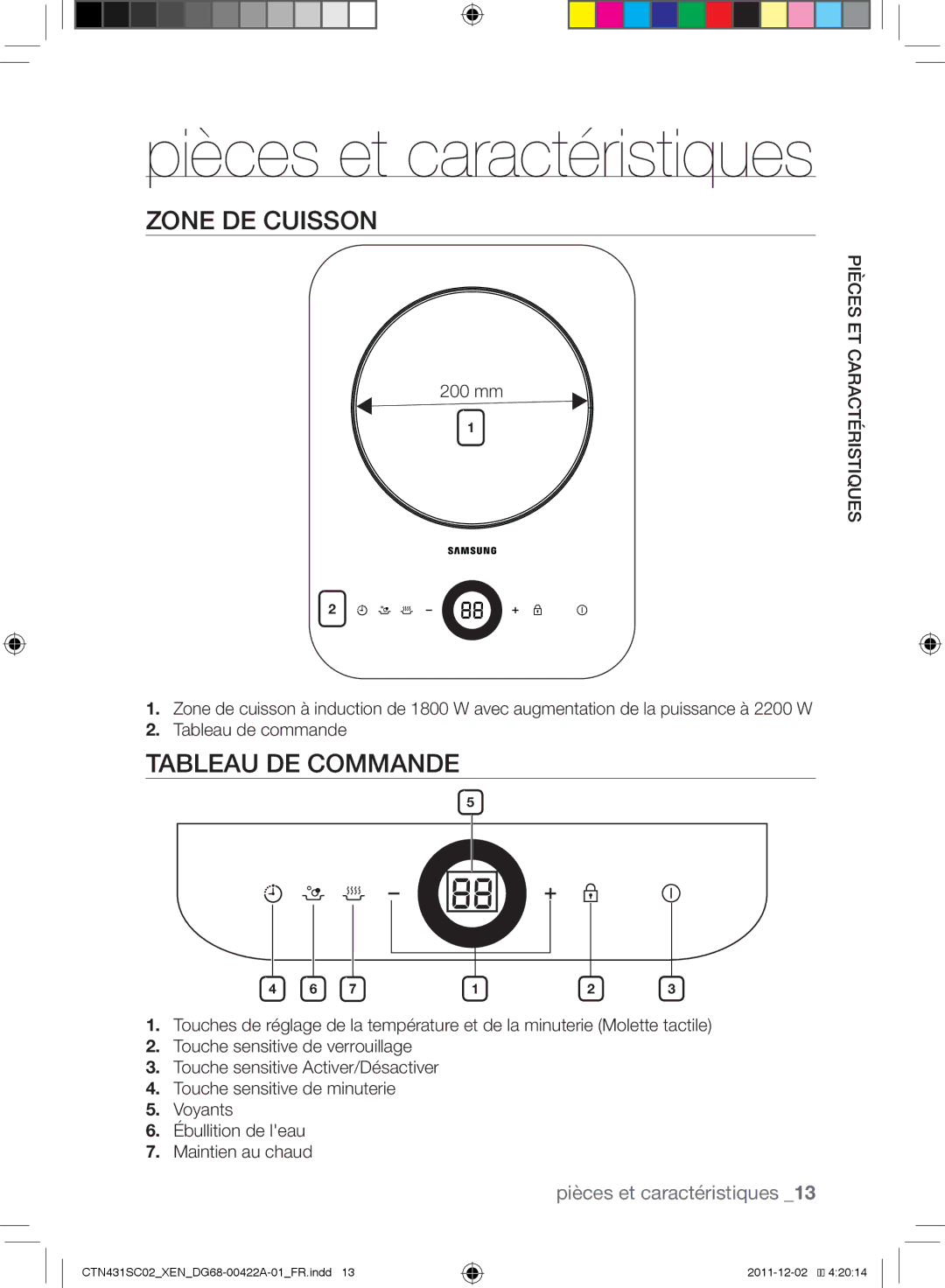 Samsung CTN431SC0B/XEN, CTN431SC0S/XEF, CTN431SC0R/XEF, CTN431SC0R/XET manual Zone de cuisson, Tableau de commande, 200 mm 