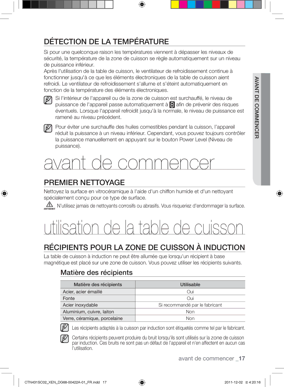 Samsung CTN431SC0S/XET manual Avant de commencer, Détection de la température, Premier nettoyage, Matière des récipients 