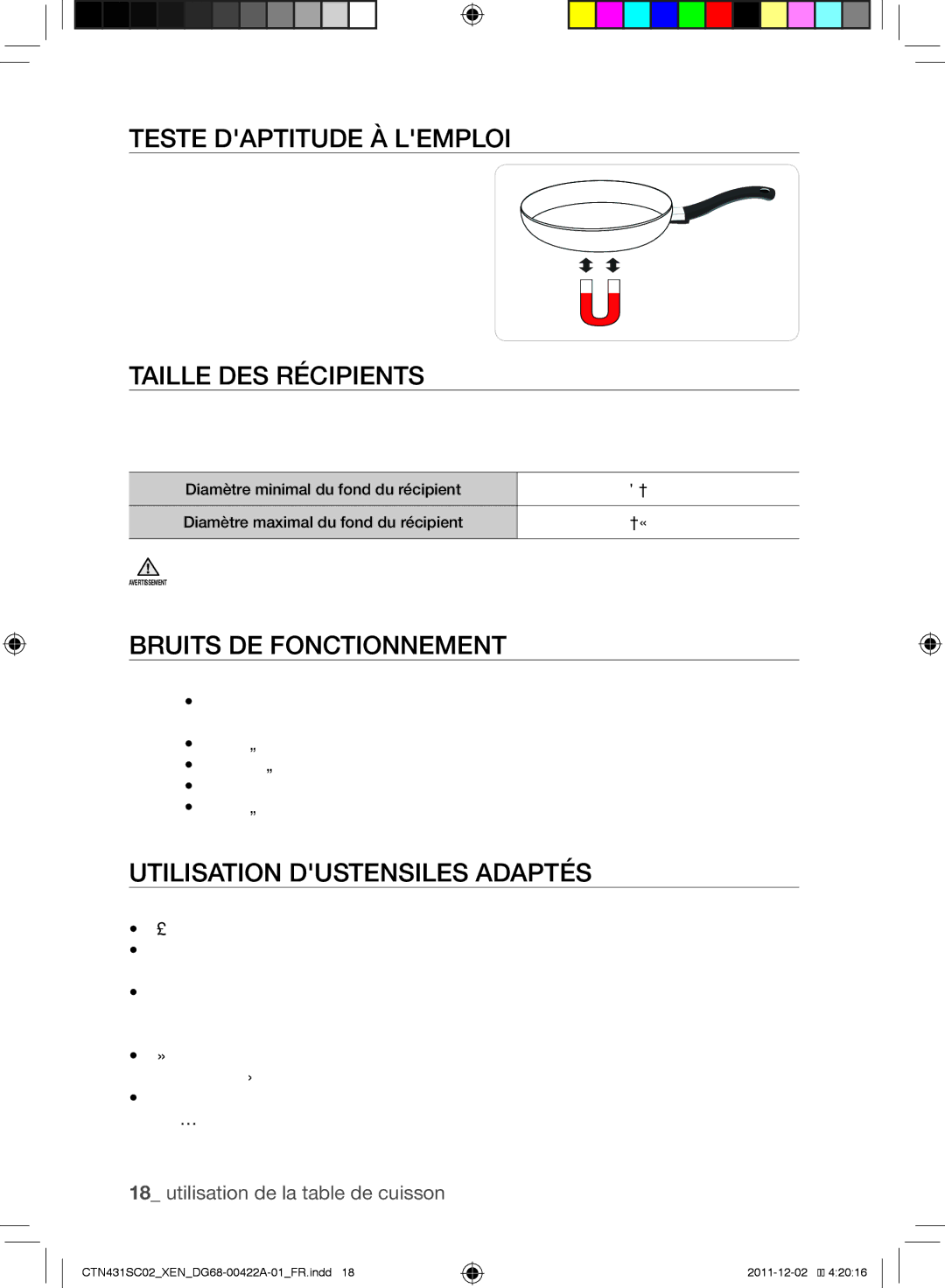 Samsung CTN431SC0B/XEN, CTN431SC0S/XEF manual TeSTe dapTiTude à lemploi, Taille deS réCipieNTS, BruiTS de foNCTioNNemeNT 