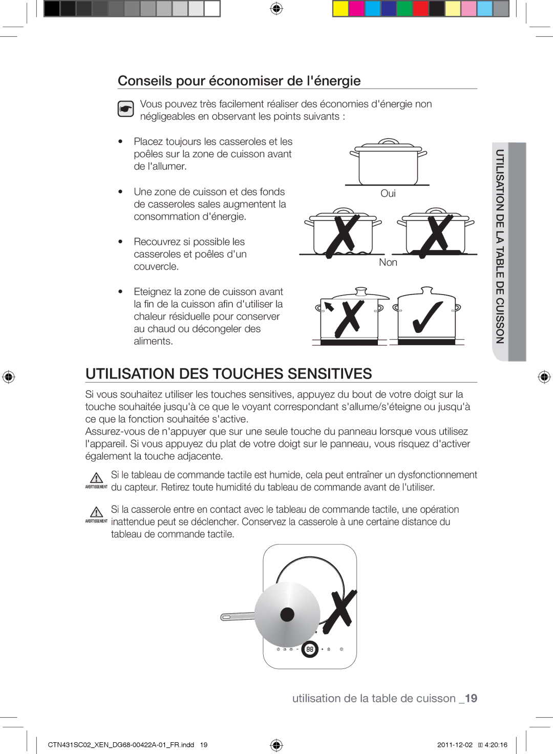 Samsung CTN431SC0S/XEF, CTN431SC0B/XEN Utilisation des touches sensitives, Conseils pour économiser de lénergie, Couvercle 