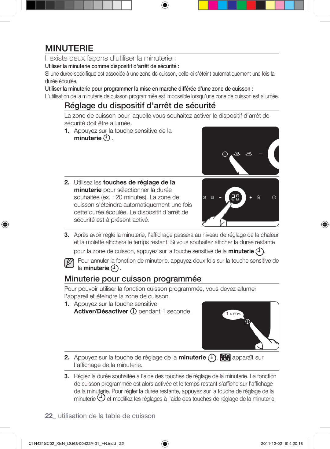 Samsung CTN431SC0S/XET, CTN431SC0B/XEN Réglage du dispositif darrêt de sécurité, Minuterie pour cuisson programmée 