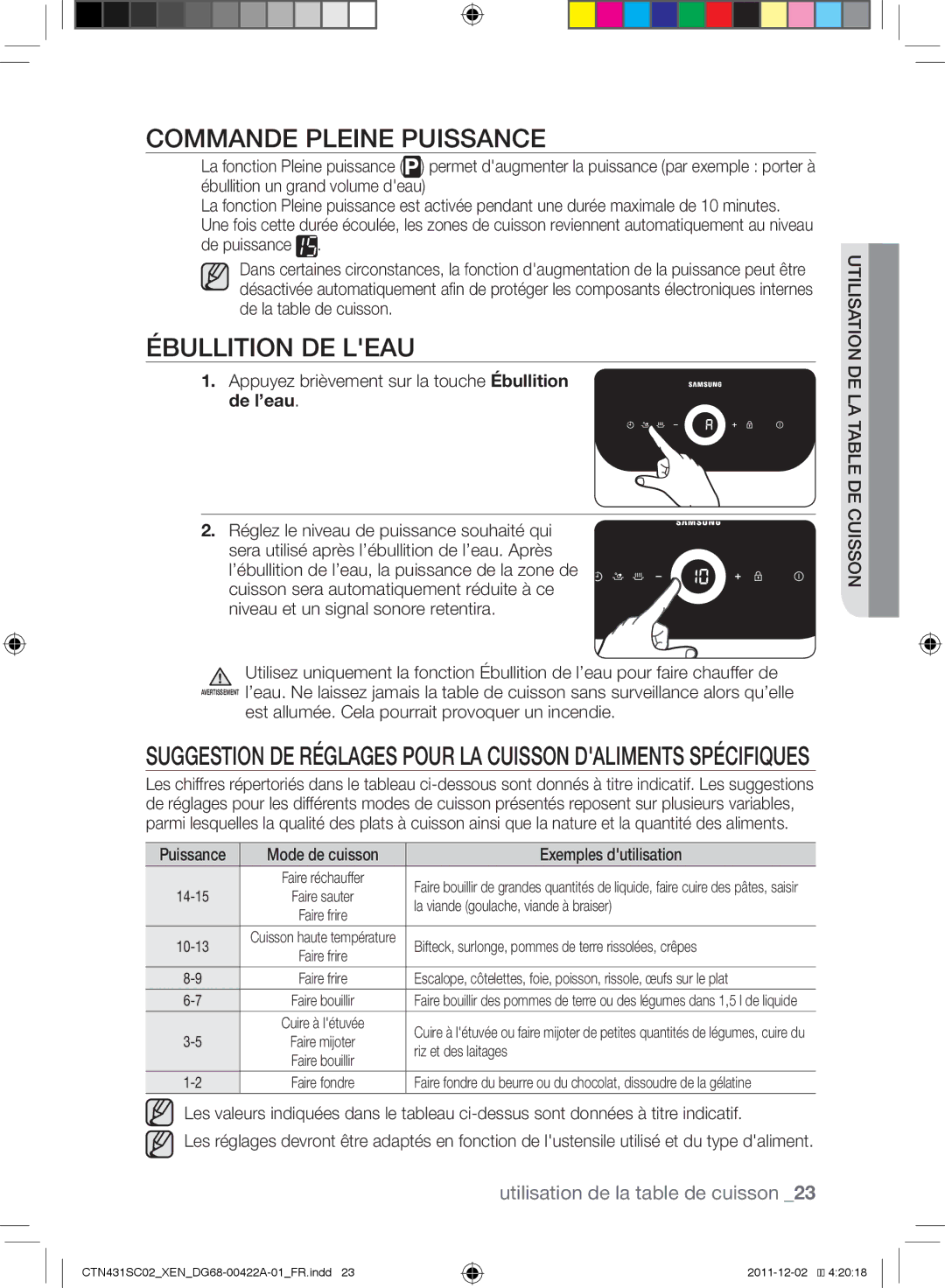 Samsung CTN431SC0B/XEN manual Commande Pleine puissance, Ébullition de leau, Mode de cuisson Exemples dutilisation 