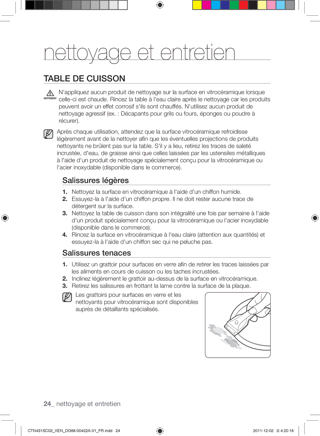 Samsung CTN431SC0S/XEF, CTN431SC0B/XEN Nettoyage et entretien, Table de cuisson, Salissures légères, Salissures tenaces 