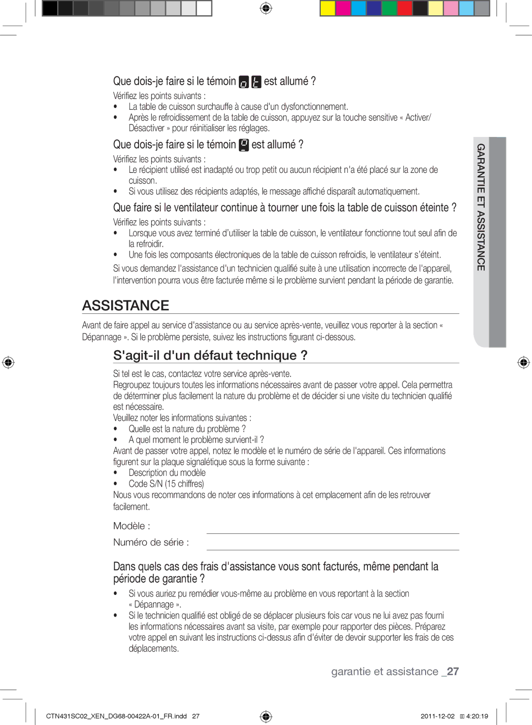 Samsung CTN431SC0S/XET, CTN431SC0B/XEN manual Assistance, Sagit-il dun défaut technique ?, Ist ssat ie ent gara Anc 