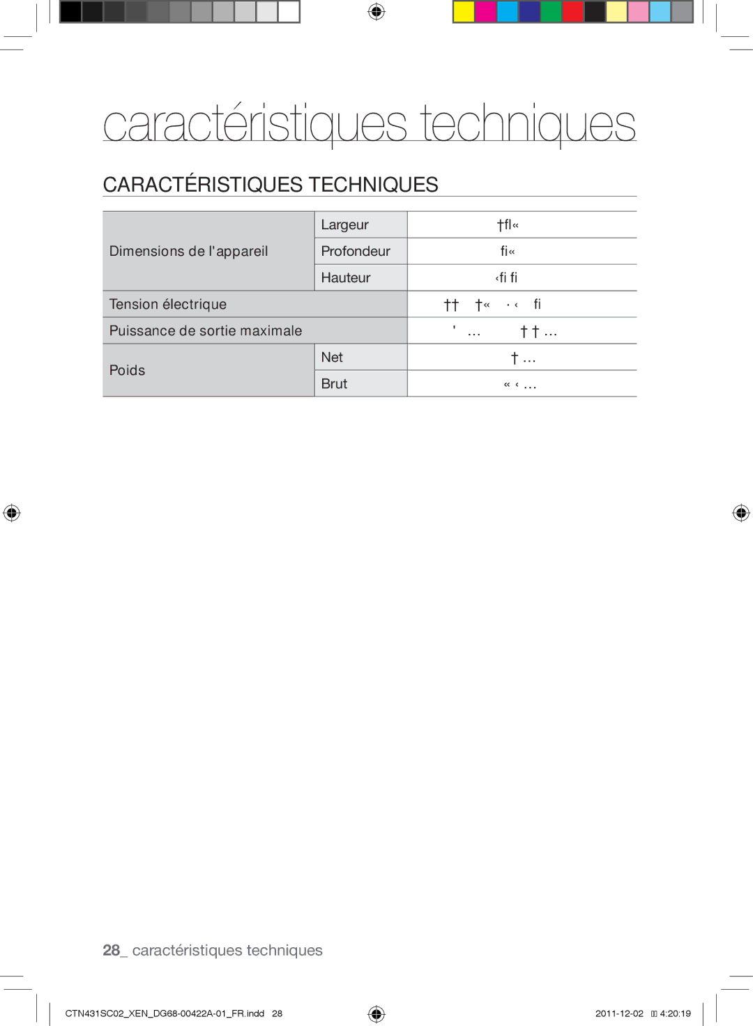 Samsung CTN431SC0B/XEN manual Caractéristiques techniques, Largeur 274 mm Dimensions de lappareil Profondeur, Hauteur 