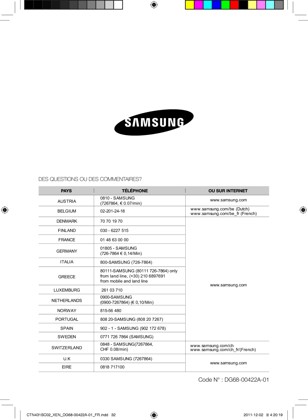 Samsung CTN431SC0S/XET, CTN431SC0B/XEN, CTN431SC0S/XEF, CTN431SC0R/XEF, CTN431SC0R/XET manual Code N DG68-00422A-01 