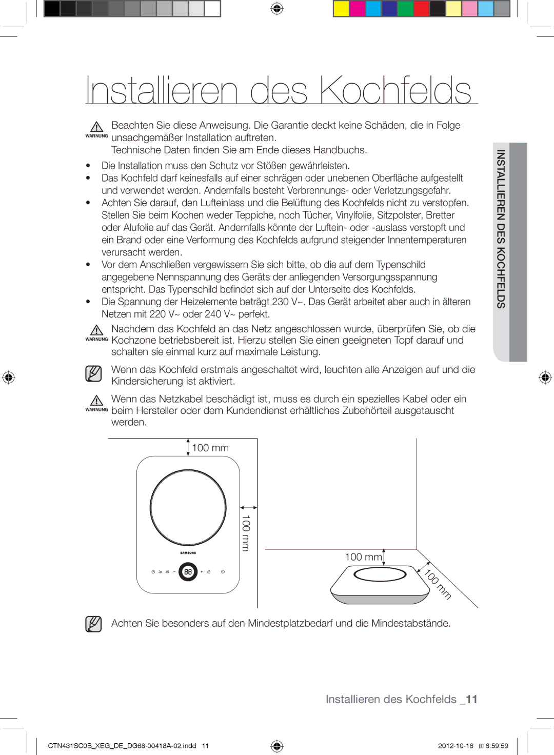 Samsung CTN431SC0R/XEG, CTN431SC0W/XEG, CTN431SC0B/XEG, CTN431SC0S/XEG, CTN431SC0G/XEG manual Installieren des Kochfelds 