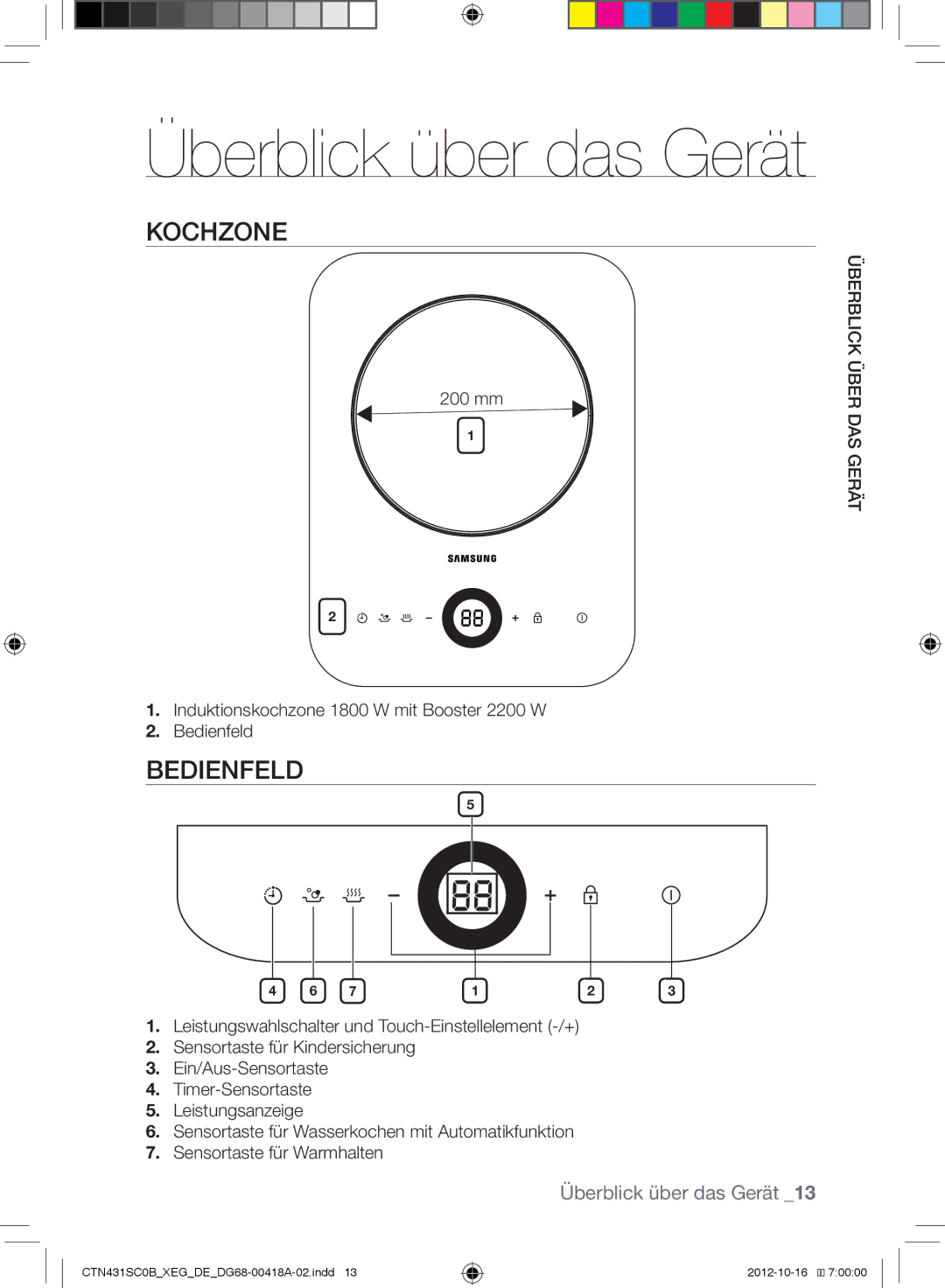 Samsung CTN431SC0S/XEG, CTN431SC0W/XEG, CTN431SC0R/XEG, CTN431SC0B/XEG manual Kochzone, Bedienfeld, Überblick über das Gerät 