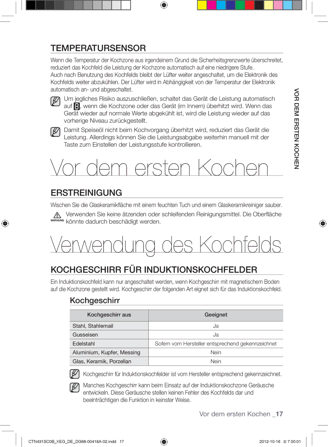 Samsung CTN431SC0B/XEG manual Vor dem ersten Kochen, Temperatursensor, Erstreinigung, Kochgeschirr FÜR Induktionskochfelder 