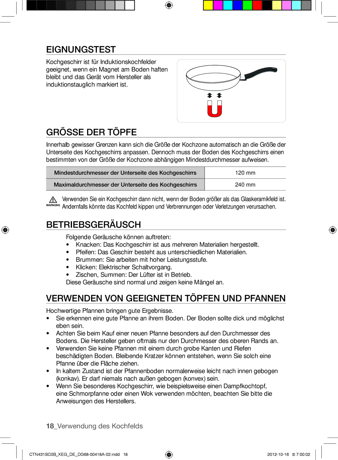 Samsung CTN431SC0S/XEG manual Eignungstest, Grösse DER Töpfe, Betriebsgeräusch, Verwenden VON Geeigneten Töpfen UND Pfannen 