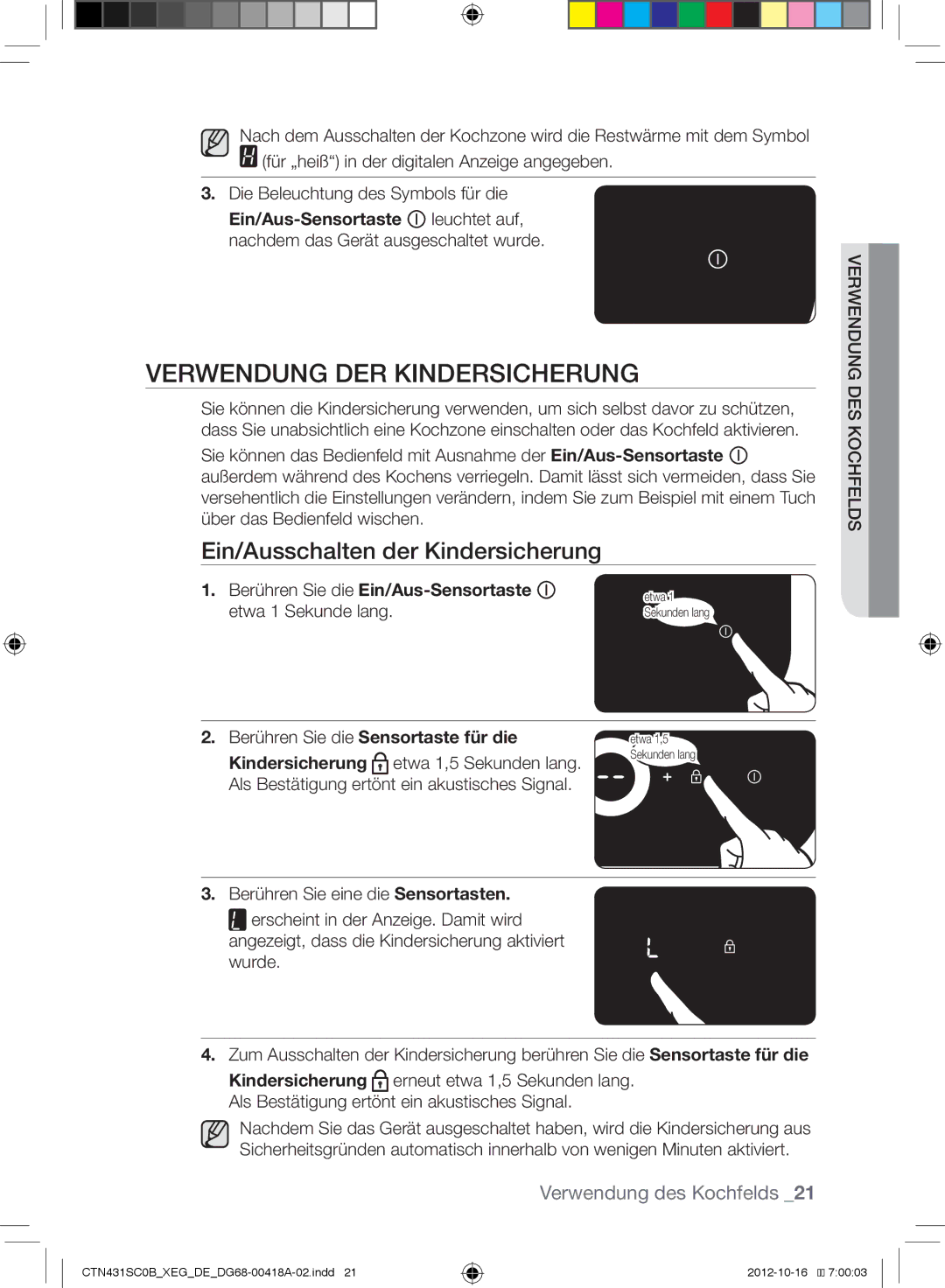 Samsung CTN431SC0R/XEG manual Verwendung DER Kindersicherung, Ein/Ausschalten der Kindersicherung, Des Verwendung ochfelds 