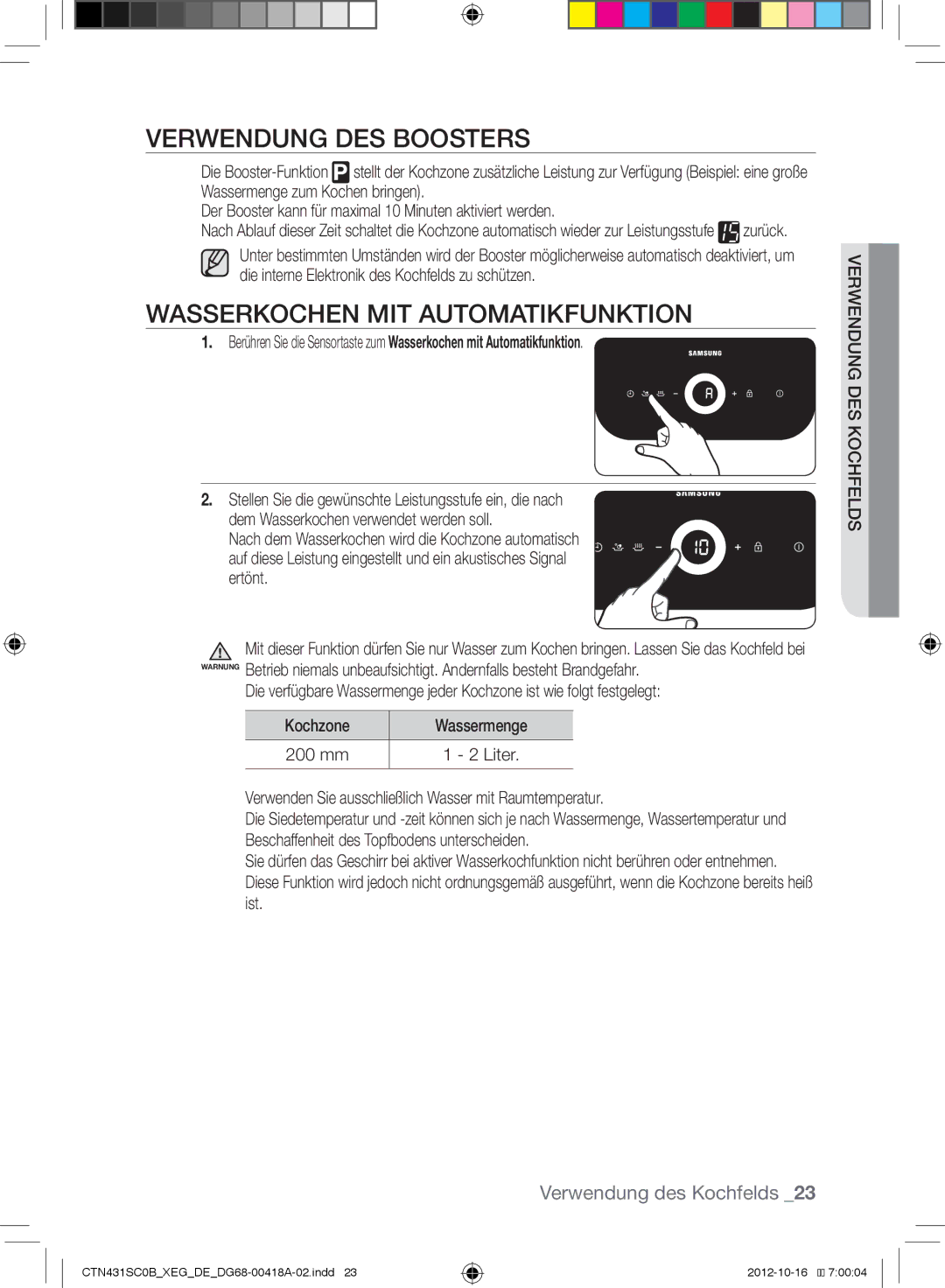 Samsung CTN431SC0S/XEG, CTN431SC0W/XEG, CTN431SC0R/XEG manual Verwendung DES Boosters, Wasserkochen MIT Automatikfunktion 