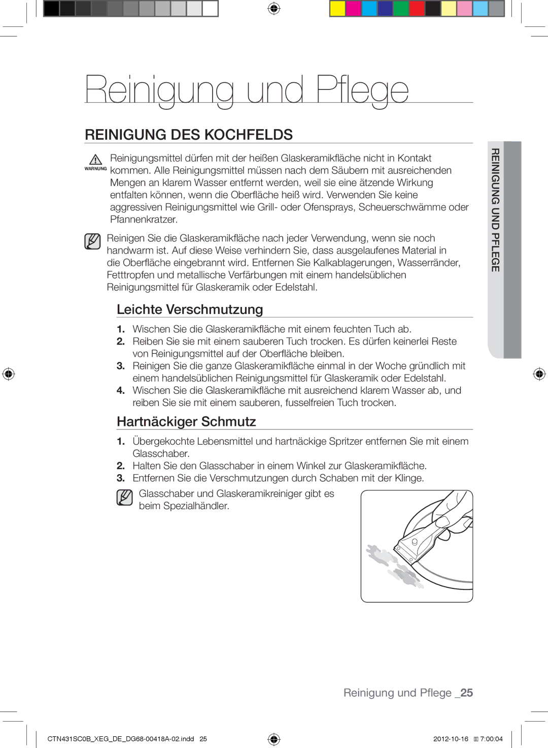 Samsung CTN431SC0W/XEG manual Reinigung und Pflege, Reinigung DES Kochfelds, Leichte Verschmutzung, Hartnäckiger Schmutz 