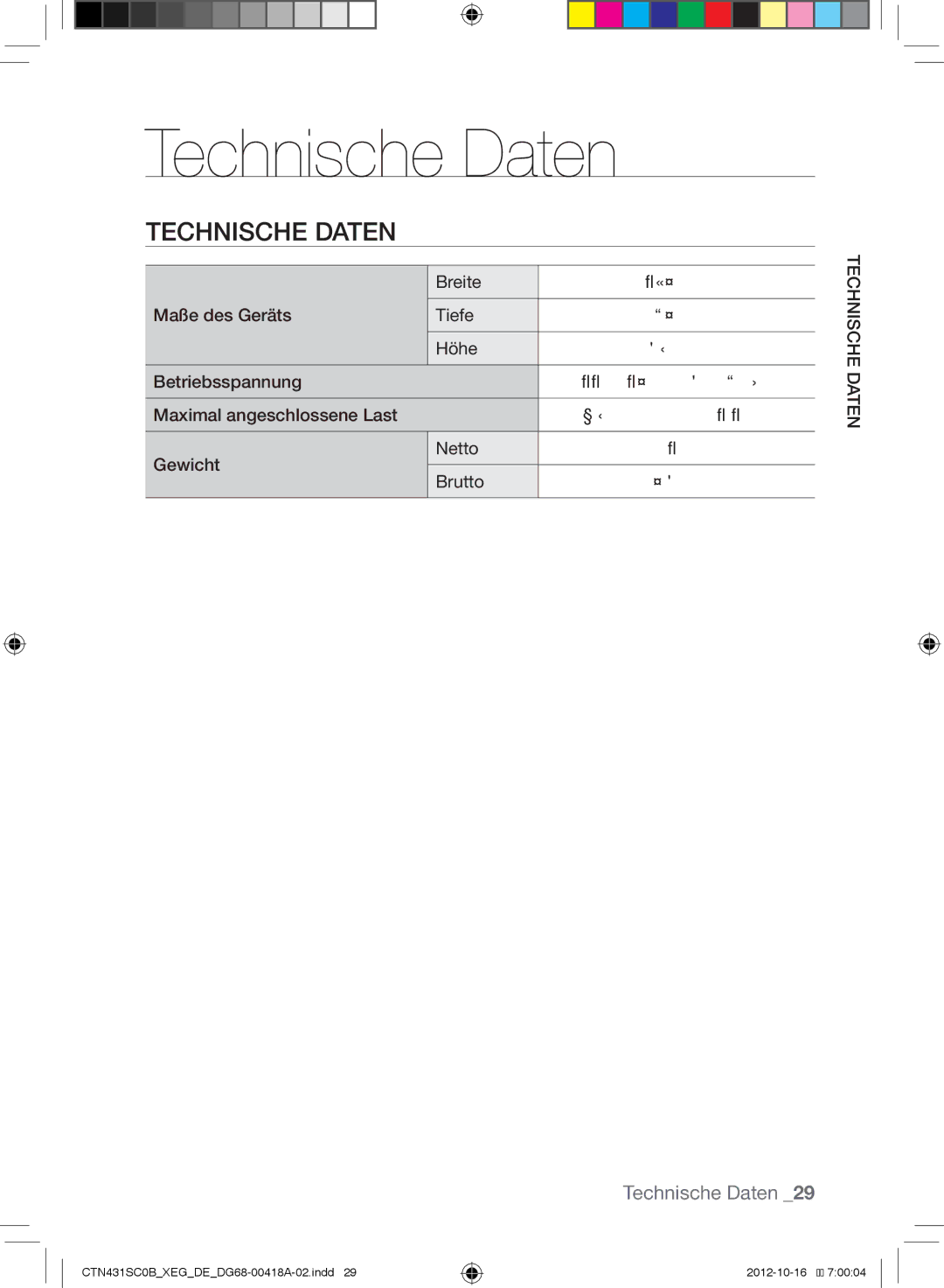 Samsung CTN431SC0G/XEG, CTN431SC0W/XEG, CTN431SC0R/XEG, CTN431SC0B/XEG, CTN431SC0S/XEG manual Technische Daten 