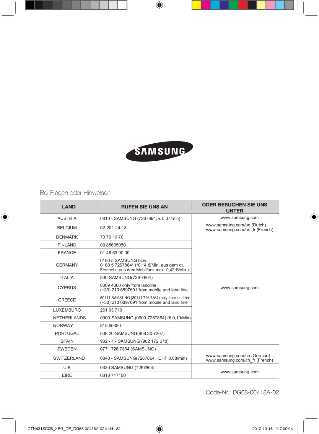 Samsung CTN431SC0B/XEG, CTN431SC0W/XEG, CTN431SC0R/XEG, CTN431SC0S/XEG, CTN431SC0G/XEG manual Bei Fragen oder Hinweisen 