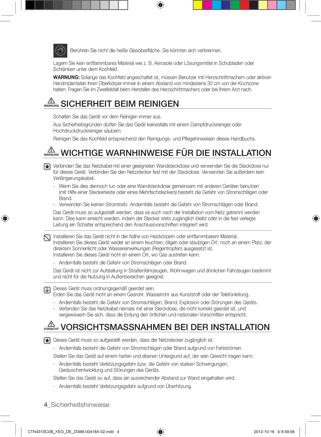 Samsung CTN431SC0G/XEG manual Warnung Sicherheit Beim Reinigen, Warnung Wichtige Warnhinweise FÜR DIE Installation 