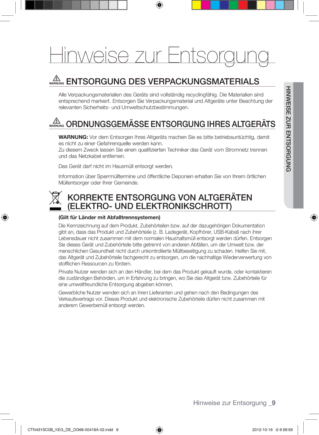 Samsung CTN431SC0G/XEG Warnung Entsorgung DES Verpackungsmaterials, Warnung Ordnungsgemässe Entsorgung Ihres Altgeräts 