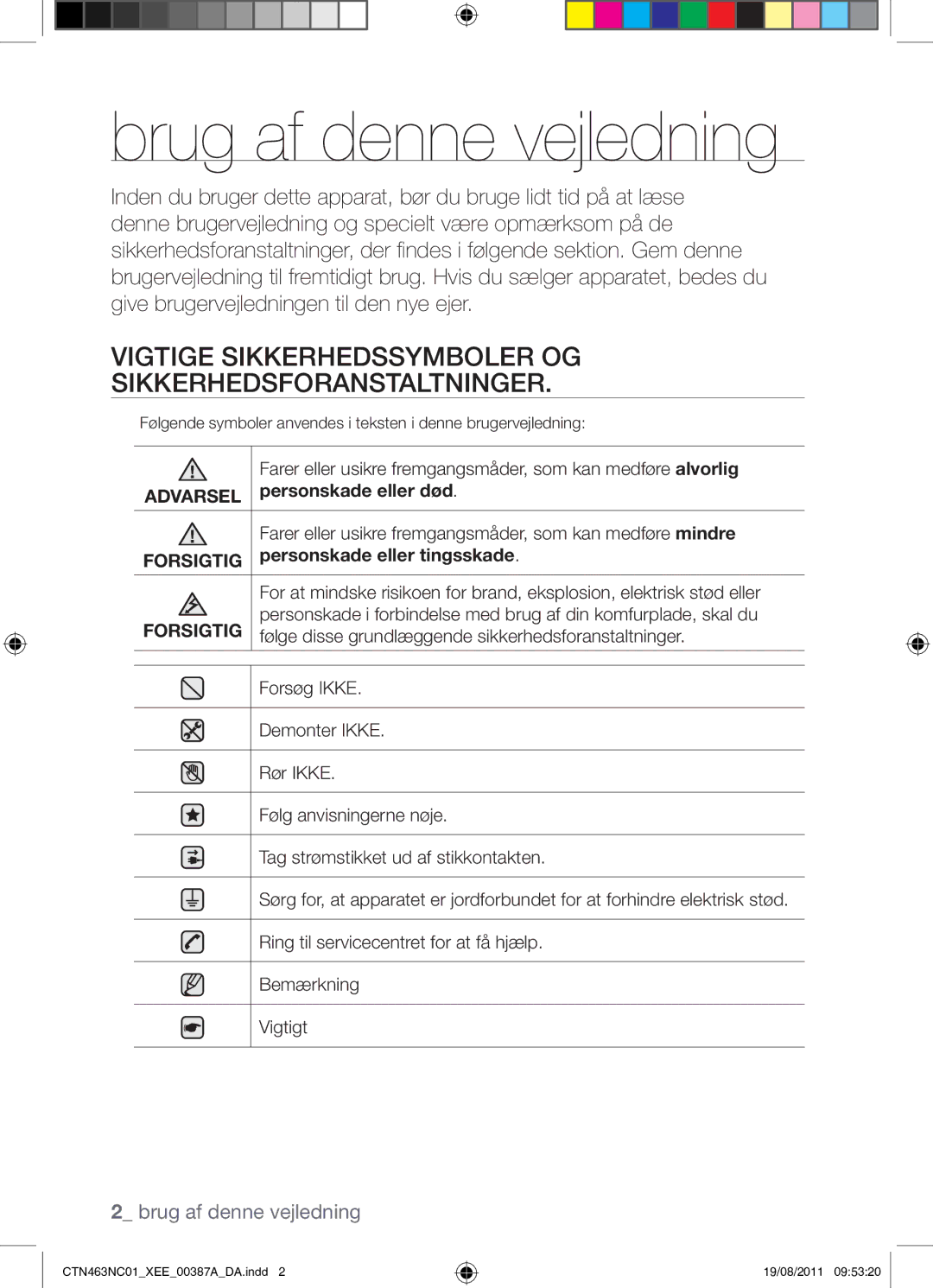 Samsung CTN463NC01/XEE manual Brug af denne vejledning, Vigtige Sikkerhedssymboler OG Sikkerhedsforanstaltninger 