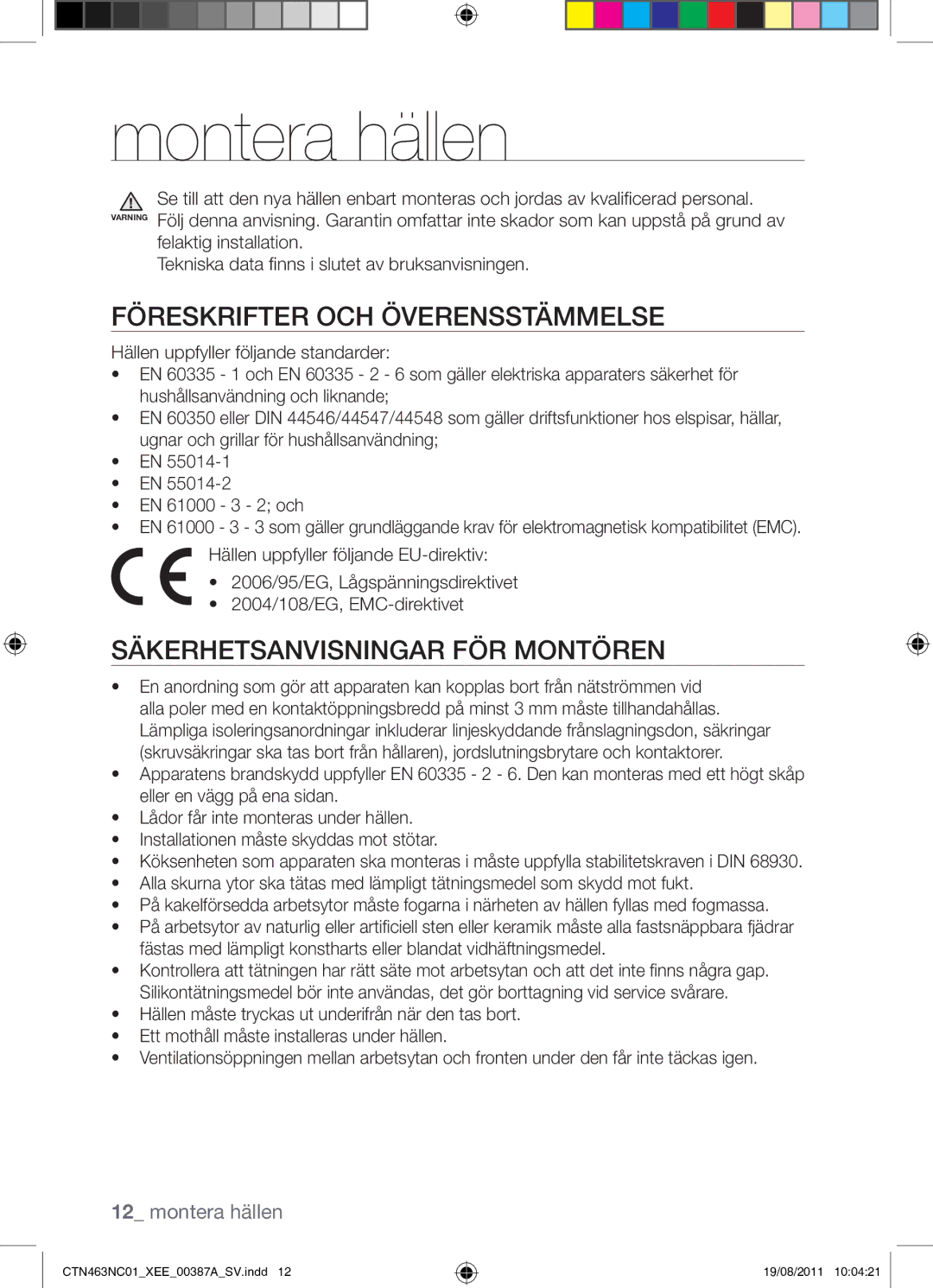 Samsung CTN463NC01/XEE manual Montera hällen, Föreskrifter OCH Överensstämmelse, Säkerhetsanvisningar FÖR Montören 