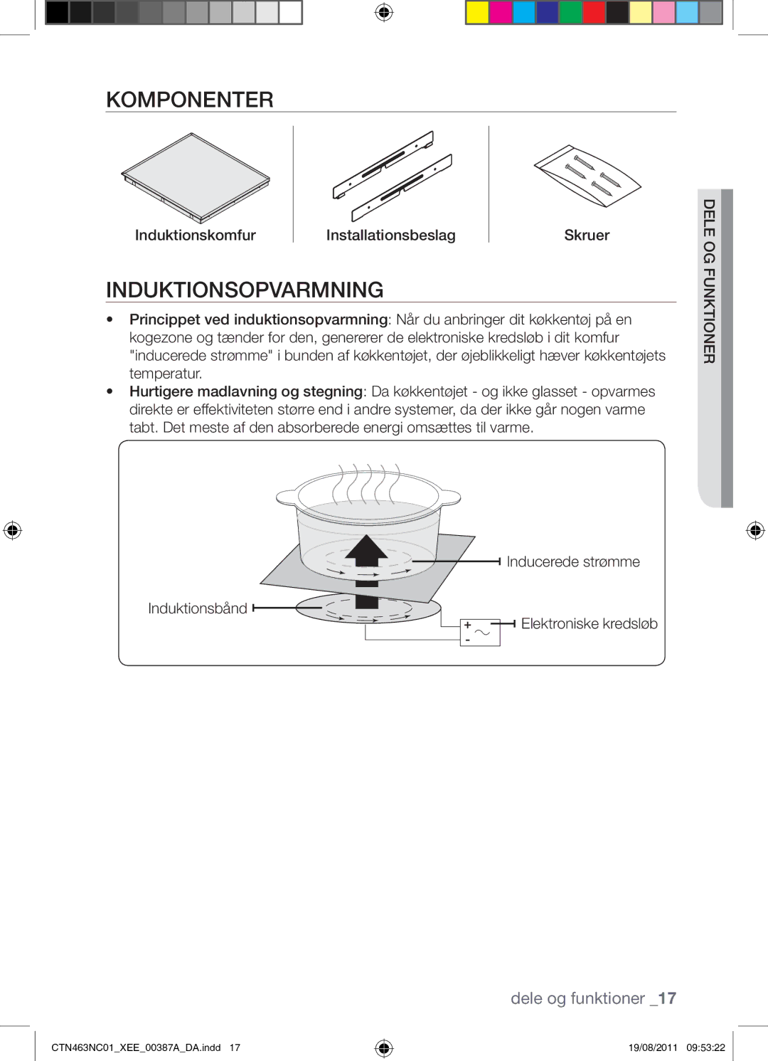 Samsung CTN463NC01/XEE manual Induktionsopvarmning, Induktionskomfur Installationsbeslag Skruer 