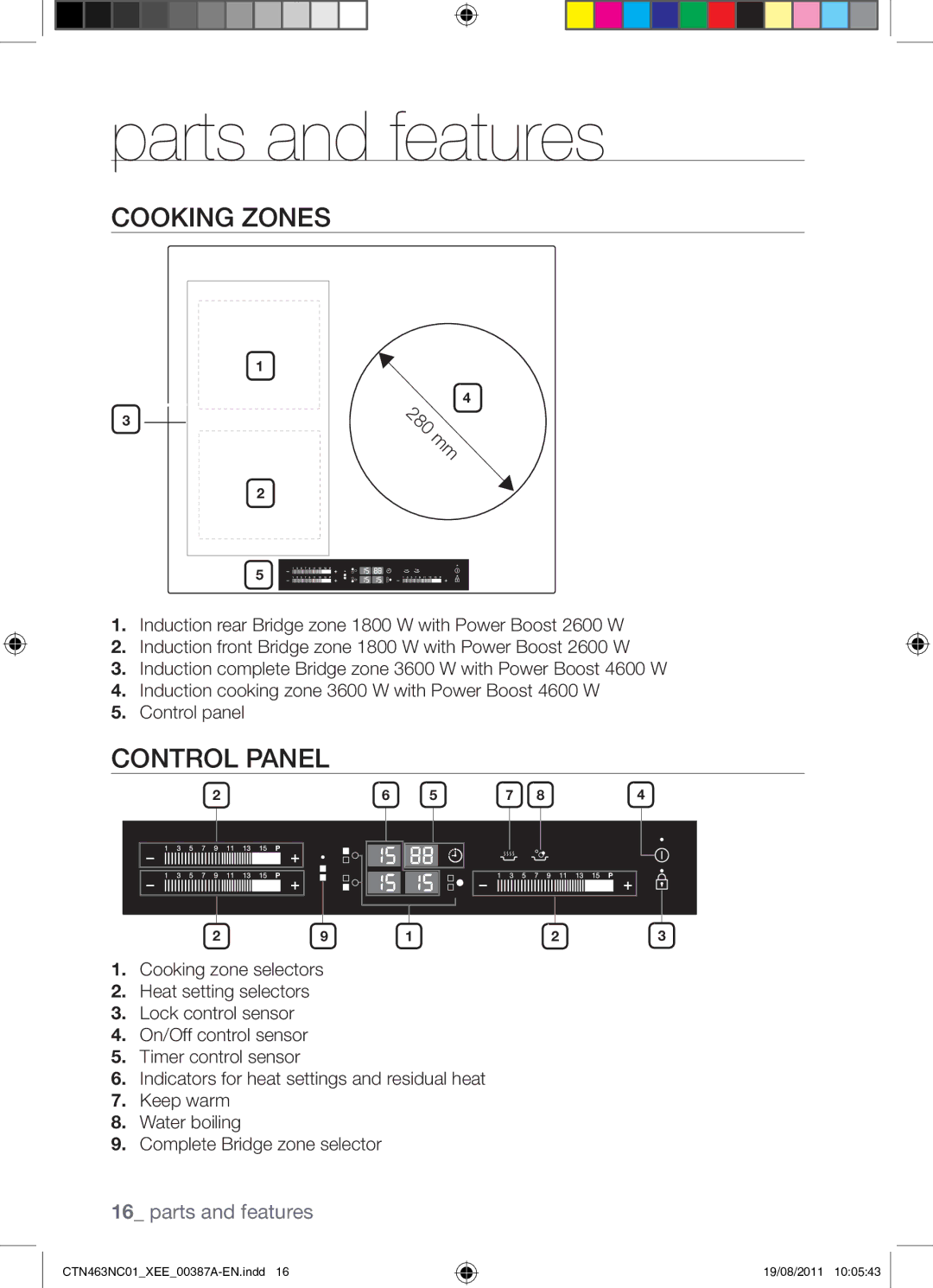 Samsung CTN463NC01/XEE manual Parts and features, Cooking Zones, Control Panel 