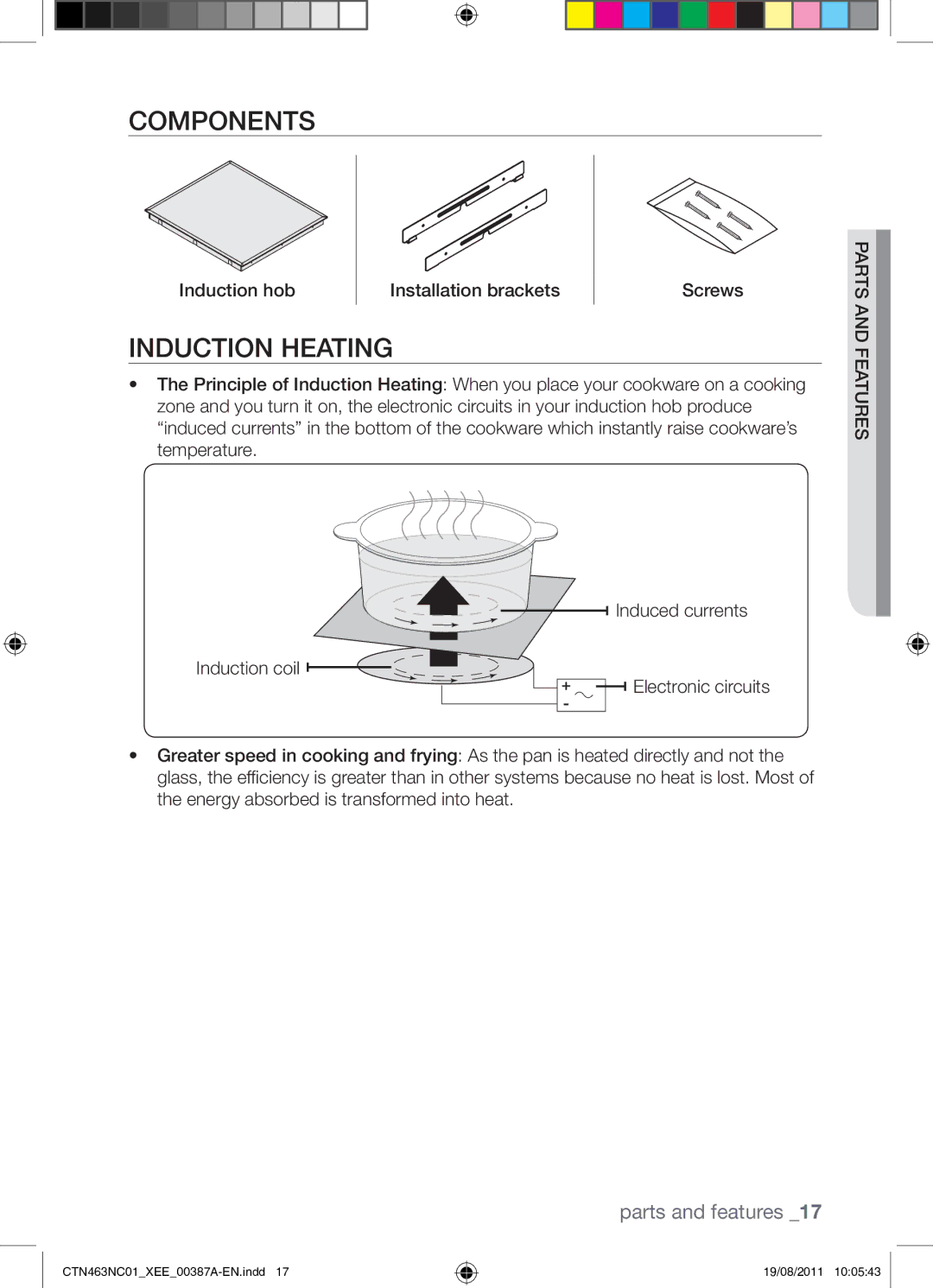 Samsung CTN463NC01/XEE manual Components, Induction Heating, Induction hob Installation brackets Screws 