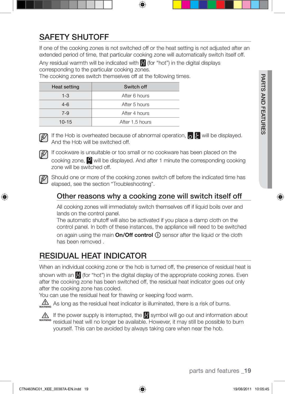 Samsung CTN463NC01/XEE Safety Shutoff, Residual Heat Indicator, Other reasons why a cooking zone will switch itself off 