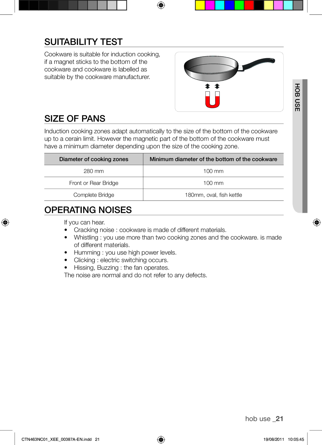 Samsung CTN463NC01/XEE manual Suitability Test, Size of Pans, Operating Noises, Use hob 