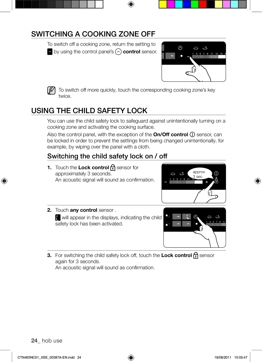 Samsung CTN463NC01/XEE Switching a Cooking Zone OFF, Using the Child Safety Lock, Switching the child safety lock on / off 