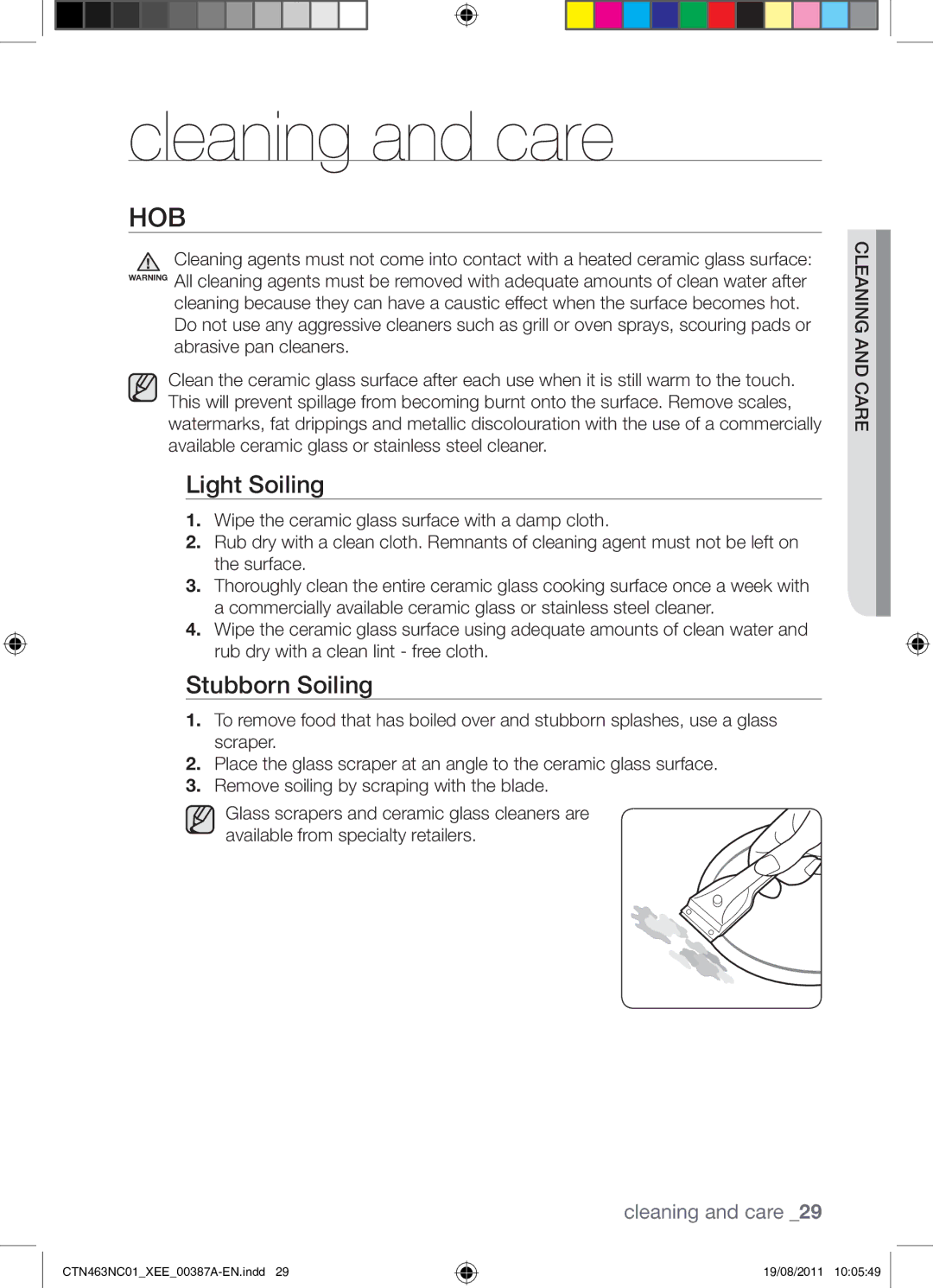 Samsung CTN463NC01/XEE manual Cleaning and care, Hob, Light Soiling, Stubborn Soiling, Careand cleaning 