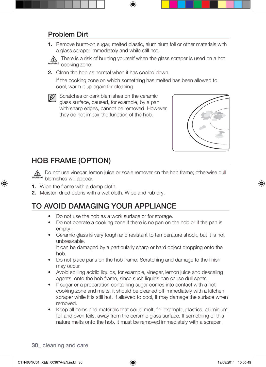 Samsung CTN463NC01/XEE manual HOB Frame Option, To Avoid Damaging Your Appliance, Problem Dirt 